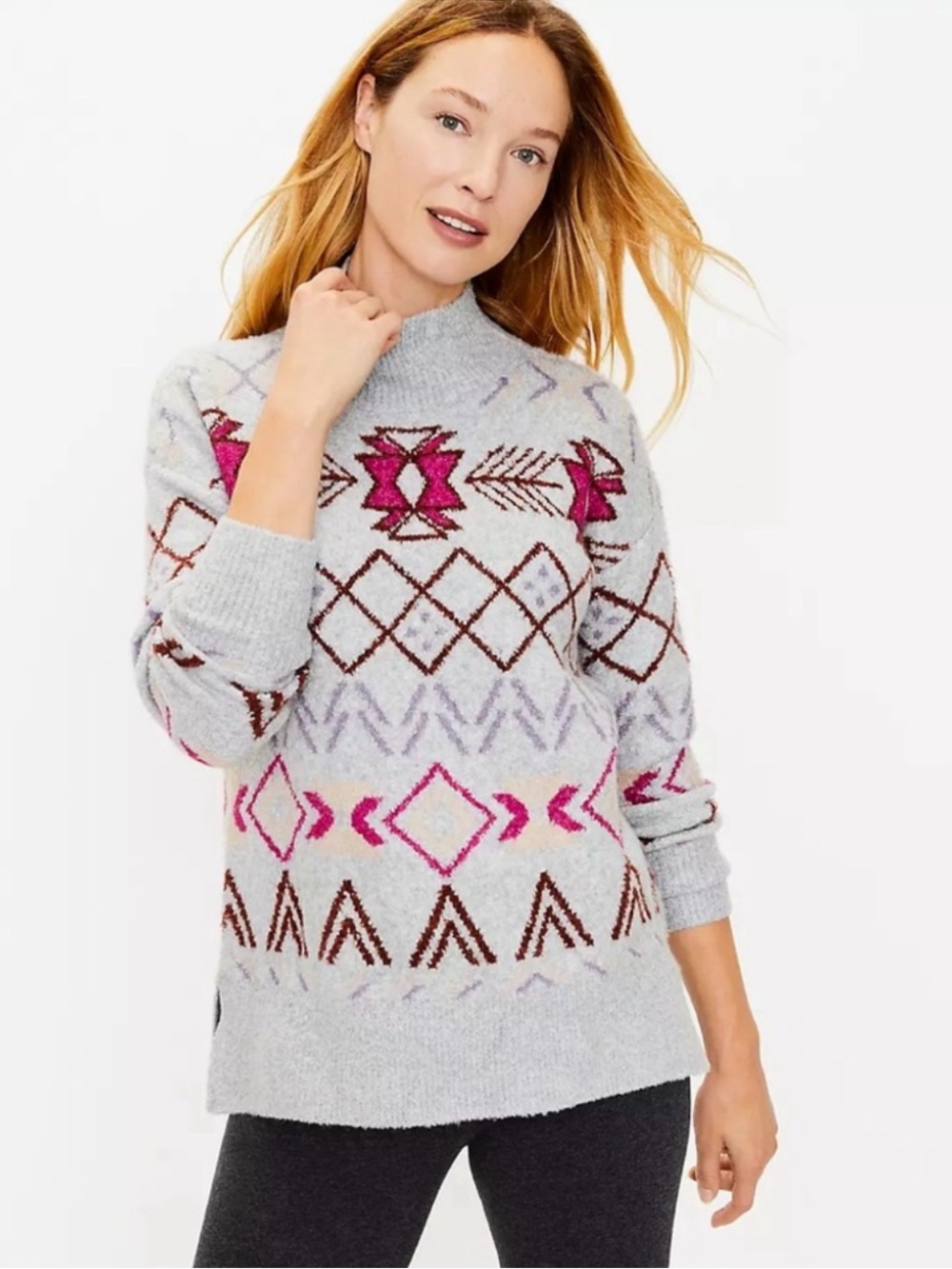 Lou & Grey Fair Isle Tunic Sweater M Pebble Grey Heather Mock Neck